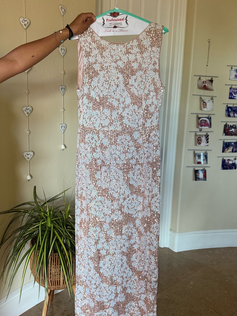 Sleeveless Pink Sequin Floral Evening Dress